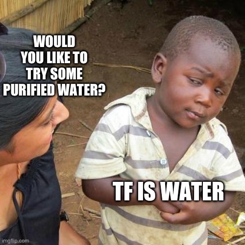 Third World Skeptical Kid | WOULD YOU LIKE TO TRY SOME PURIFIED WATER? TF IS WATER | image tagged in memes,third world skeptical kid | made w/ Imgflip meme maker
