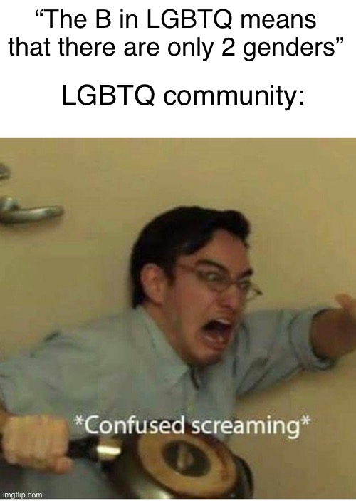 It’s kinda true tho | “The B in LGBTQ means that there are only 2 genders”; LGBTQ community: | image tagged in confused screaming,dank memes,memes,funny memes | made w/ Imgflip meme maker