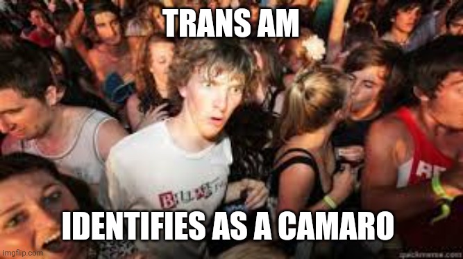 Suddenly realized | TRANS AM; IDENTIFIES AS A CAMARO | image tagged in suddenly realized | made w/ Imgflip meme maker