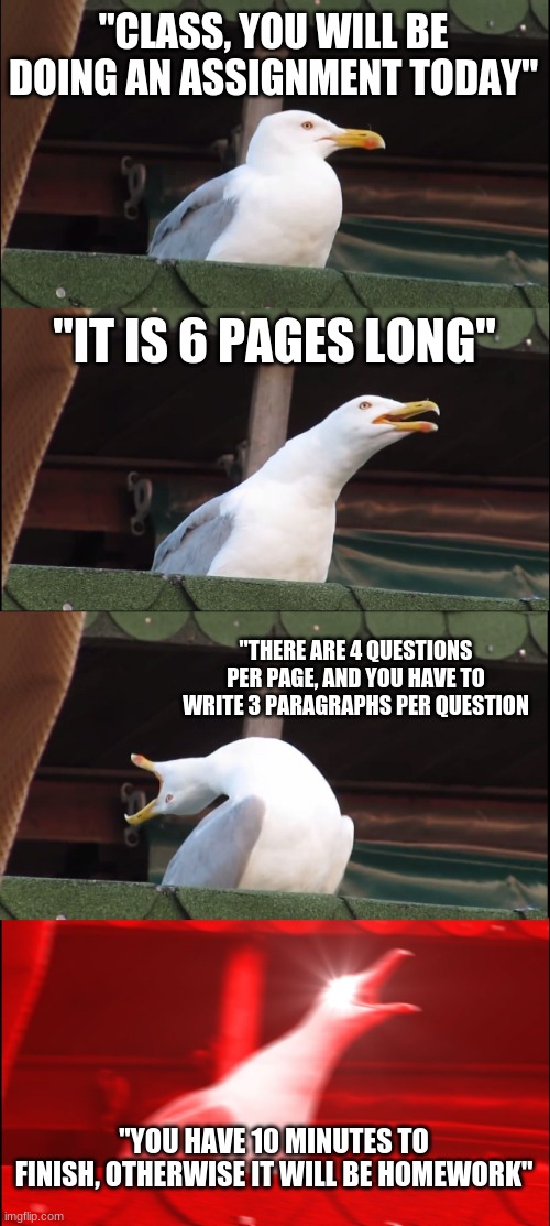 Teachers just like to be a pain sometimes. | "CLASS, YOU WILL BE DOING AN ASSIGNMENT TODAY"; "IT IS 6 PAGES LONG"; "THERE ARE 4 QUESTIONS PER PAGE, AND YOU HAVE TO WRITE 3 PARAGRAPHS PER QUESTION; "YOU HAVE 10 MINUTES TO FINISH, OTHERWISE IT WILL BE HOMEWORK" | image tagged in memes,inhaling seagull | made w/ Imgflip meme maker