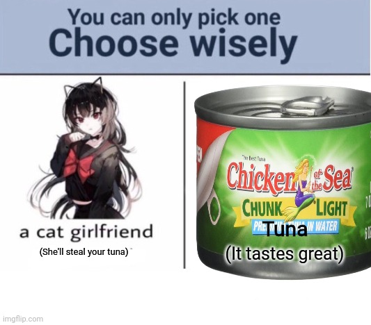 Cat girl problems | Tuna; (She'll steal your tuna); (It tastes great) | image tagged in catgirl,anime girl,tuna | made w/ Imgflip meme maker