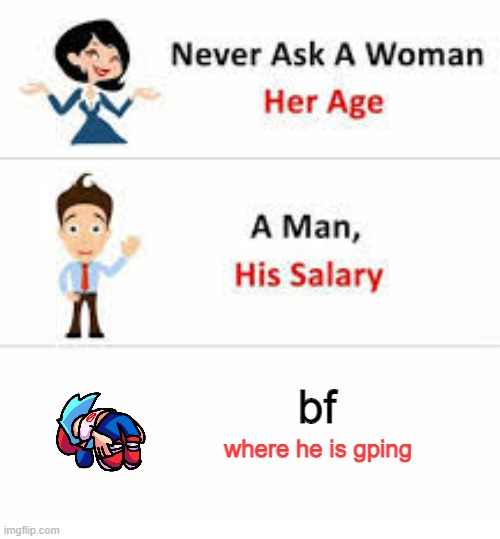 Never ask a woman her age | bf; where he is gping | image tagged in never ask a woman her age | made w/ Imgflip meme maker