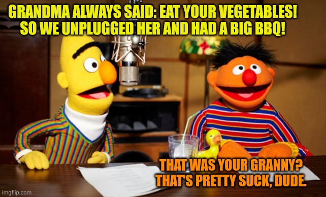 Bert And Ernie Radio | GRANDMA ALWAYS SAID: EAT YOUR VEGETABLES! SO WE UNPLUGGED HER AND HAD A BIG BBQ! THAT WAS YOUR GRANNY? THAT'S PRETTY SUCK, DUDE. | image tagged in bert and ernie radio,eat your,vegetables | made w/ Imgflip meme maker