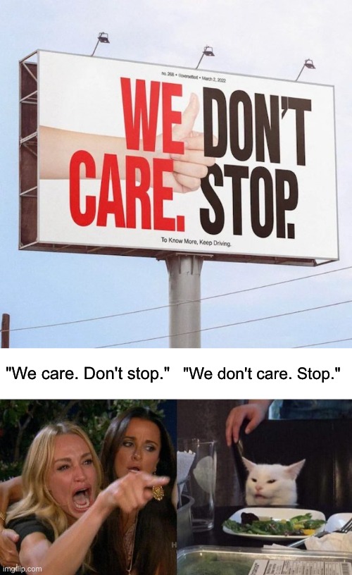 Uhhh... | "We care. Don't stop."; "We don't care. Stop." | image tagged in memes,woman yelling at cat,funny,confusing | made w/ Imgflip meme maker