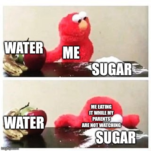 elmo cocaine | WATER; ME; SUGAR; ME EATING IT WHILE MY PARENTS ARE NOT WATCHING; WATER; SUGAR | image tagged in elmo cocaine | made w/ Imgflip meme maker