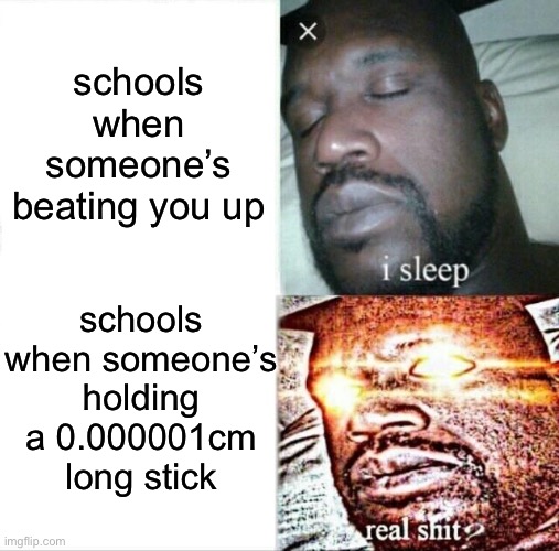 PUT THAT LITTLE STICK DOWN RIGHT NOW BEFORE YOU HURT SOMEONE!!! | schools when someone’s beating you up; schools when someone’s holding a 0.000001cm long stick | image tagged in memes,sleeping shaq,school,relatable,i sleep real shit | made w/ Imgflip meme maker