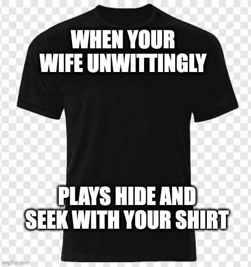 Black tshirt | WHEN YOUR WIFE UNWITTINGLY; PLAYS HIDE AND SEEK WITH YOUR SHIRT | image tagged in black tshirt | made w/ Imgflip meme maker