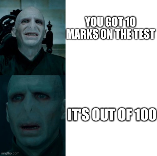 Too relatable | YOU GOT 10 MARKS ON THE TEST; IT'S OUT OF 100 | image tagged in disappointed voldemort | made w/ Imgflip meme maker