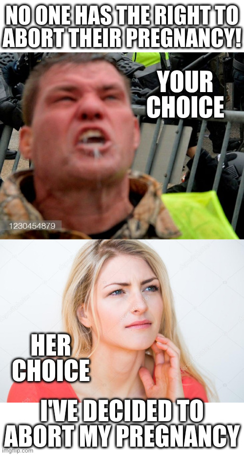 You can choose to die on that hill or you can choose to accept that not all choices are yours to make | NO ONE HAS THE RIGHT TO
ABORT THEIR PREGNANCY! YOUR CHOICE; HER CHOICE; I'VE DECIDED TO ABORT MY PREGNANCY | image tagged in triggered 2 0,thinking woman | made w/ Imgflip meme maker