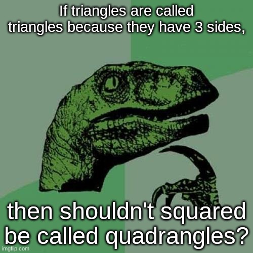 And pentagons should be pentangles | If triangles are called triangles because they have 3 sides, then shouldn't squared be called quadrangles? | image tagged in memes,philosoraptor | made w/ Imgflip meme maker