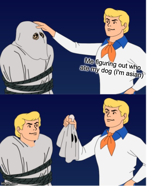 . | Me figuring out who ate my dog (I'm asian) | image tagged in scooby-doo mask reveal self,memes,funny | made w/ Imgflip meme maker