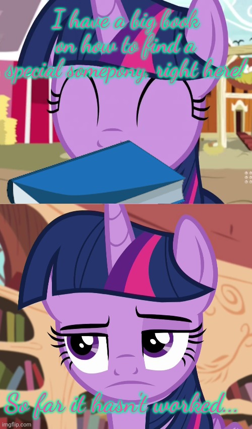 Twilight problems | I have a big book on how to find a special somepony, right here! So far it hasn't worked... | image tagged in happy twilight mlp,unamused twilight sparkle mlp,twilight,problems | made w/ Imgflip meme maker