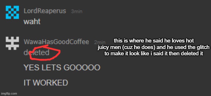 this is where he said he loves hot juicy men (cuz he does) and he used the glitch to make it look like i said it then deleted it | made w/ Imgflip meme maker