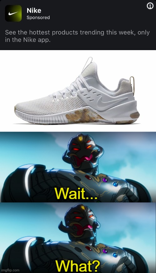 Could've just show the completely clean Nike | image tagged in ultron wait what,nike,shoes,shoe,you had one job,memes | made w/ Imgflip meme maker
