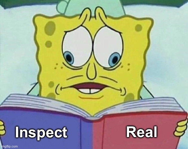Idk who to believe | Real; Inspect | image tagged in cross eyed spongebob | made w/ Imgflip meme maker