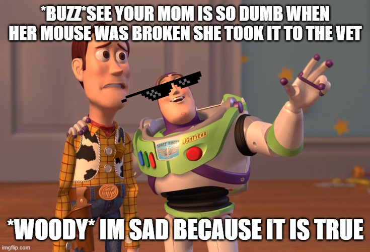 My friend made this | *BUZZ*SEE YOUR MOM IS SO DUMB WHEN HER MOUSE WAS BROKEN SHE TOOK IT TO THE VET; *WOODY* IM SAD BECAUSE IT IS TRUE | image tagged in memes,heheheh | made w/ Imgflip meme maker