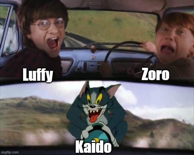 Tom chasing Harry and Ron Weasly | Zoro; Luffy; Kaido | image tagged in tom chasing harry and ron weasly | made w/ Imgflip meme maker