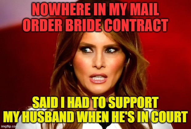 Melania trump  | NOWHERE IN MY MAIL ORDER BRIDE CONTRACT; SAID I HAD TO SUPPORT MY HUSBAND WHEN HE'S IN COURT | image tagged in melania trump | made w/ Imgflip meme maker