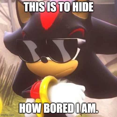 "What's with the Sunglasses?"Shadow's answer... | THIS IS TO HIDE; HOW BORED I AM. | image tagged in shadow with sunglasses,bored,sunglasses,shadow the hedgehog,sonic the hedgehog,hide | made w/ Imgflip meme maker