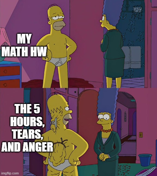 math | MY MATH HW; THE 5 HOURS, TEARS, AND ANGER | image tagged in homer simpson's back fat | made w/ Imgflip meme maker