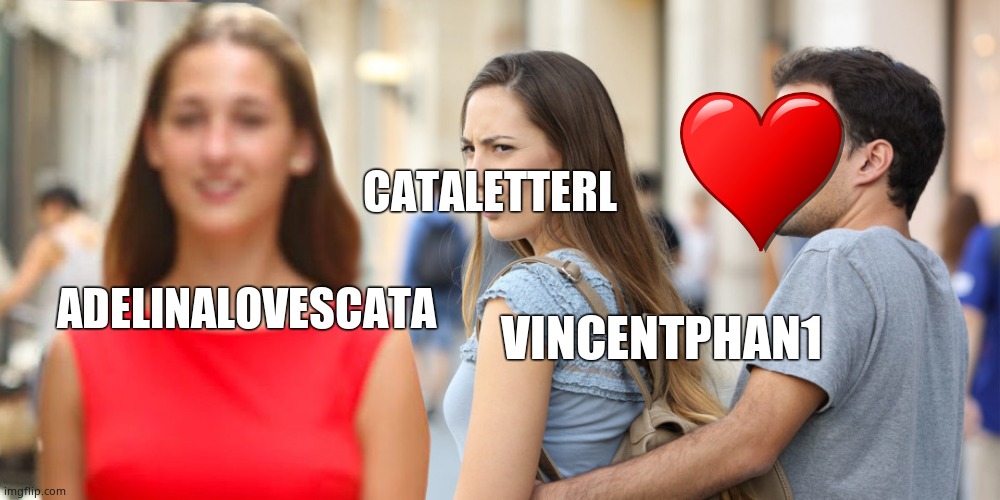 Cataletterl x adelinalovescata  x vincentphan1 | CATALETTERL; ADELINALOVESCATA; VINCENTPHAN1 | image tagged in distracted girlfriend bisexual | made w/ Imgflip meme maker