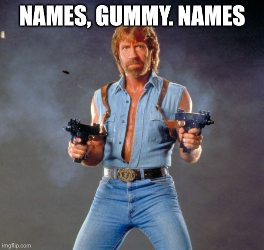 Chuck Norris Guns Meme | NAMES, GUMMY. NAMES | image tagged in memes,chuck norris guns,chuck norris | made w/ Imgflip meme maker