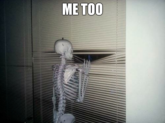 Skeleton Looking Out Window | ME TOO | image tagged in skeleton looking out window | made w/ Imgflip meme maker