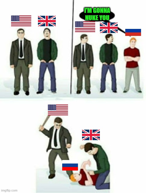 Stop it Russia | I'M GONNA NUKE YOU | image tagged in russia,usa,uk,anime girl hiding from terminator | made w/ Imgflip meme maker