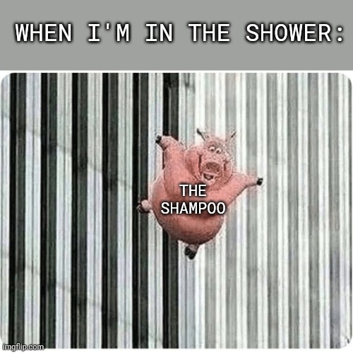 Pig jumping off | WHEN I'M IN THE SHOWER:; THE SHAMPOO | image tagged in pig jumping off,shampoo,funny,memes | made w/ Imgflip meme maker