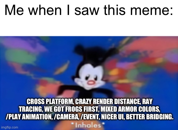 Yakko inhale | Me when I saw this meme: CROSS PLATFORM, CRAZY RENDER DISTANCE, RAY TRACING, WE GOT FROGS FIRST, MIXED ARMOR COLORS, /PLAY ANIMATION, /CAMER | image tagged in yakko inhale | made w/ Imgflip meme maker