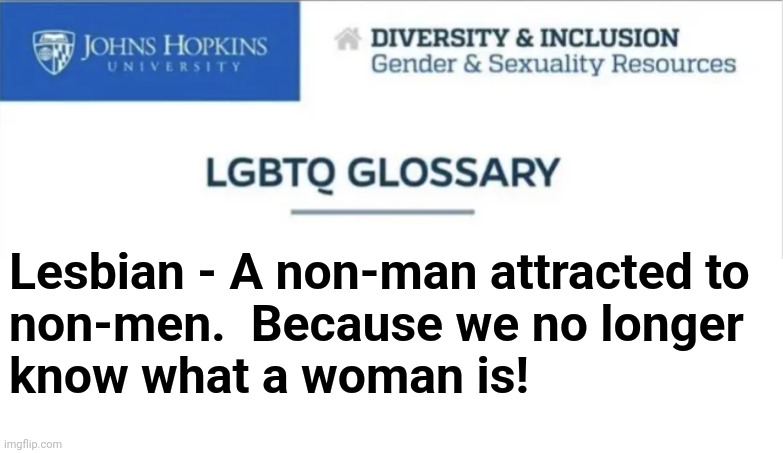 A university clueless about basic facts | Lesbian - A non-man attracted to
non-men.  Because we no longer
know what a woman is! | image tagged in memes,johns hopkins university,lesbian,non-man,non-men,democrats | made w/ Imgflip meme maker