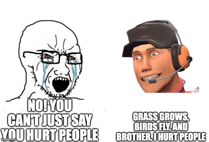 Based on a reply I got when I commented on another meme | GRASS GROWS, BIRDS FLY, AND BROTHER, I HURT PEOPLE; NO! YOU CAN'T JUST SAY YOU HURT PEOPLE | image tagged in memes,soyboy vs yes chad,scout,tf2 scout,tf2,team fortress 2 | made w/ Imgflip meme maker