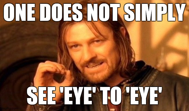 You see... | ONE DOES NOT SIMPLY; SEE 'EYE' TO 'EYE' | image tagged in memes,one does not simply | made w/ Imgflip meme maker