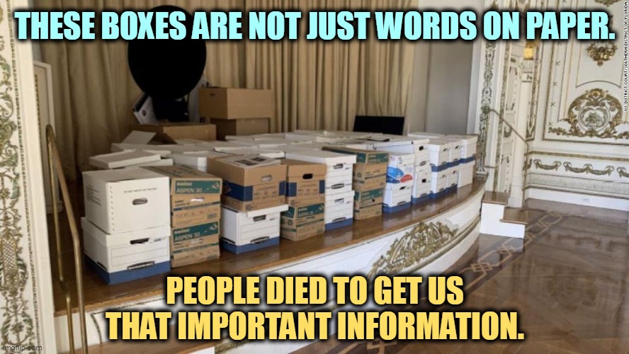 But his boxes! | THESE BOXES ARE NOT JUST WORDS ON PAPER. PEOPLE DIED TO GET US THAT IMPORTANT INFORMATION. | image tagged in trump's mar a lago boxes - people died to give us that info,important,information,classified,documents,trump | made w/ Imgflip meme maker