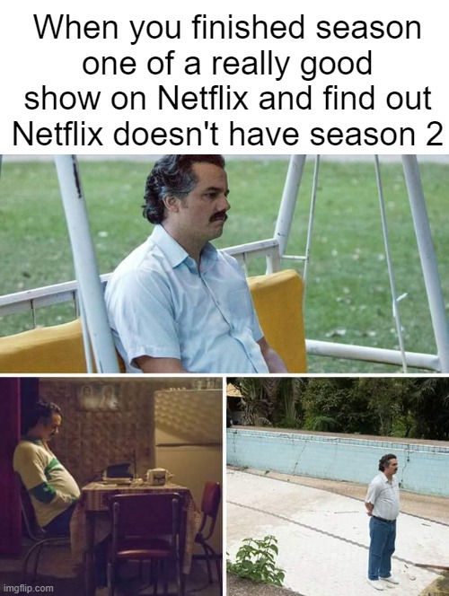This just happened to me | When you finished season one of a really good show on Netflix and find out Netflix doesn't have season 2 | image tagged in memes,sad,netflix,season 2,seasons,true story | made w/ Imgflip meme maker