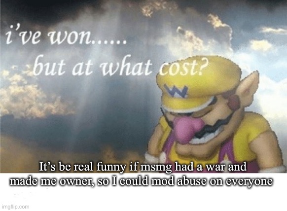 Wario sad | It’s be real funny if msmg had a war and made me owner, so I could mod abuse on everyone | image tagged in wario sad | made w/ Imgflip meme maker
