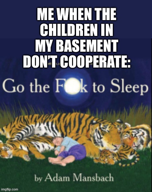 Goodnight | ME WHEN THE CHILDREN IN MY BASEMENT DON’T COOPERATE: | image tagged in go the f k to sleep,goodnight,bedtime,basement,children,ha ha tags go brr | made w/ Imgflip meme maker