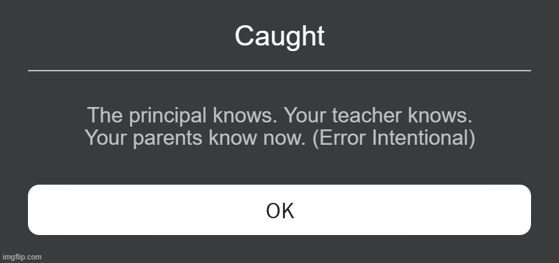 imagine if this was real bro | Caught; The principal knows. Your teacher knows. Your parents know now. (Error Intentional) | image tagged in roblox error message | made w/ Imgflip meme maker