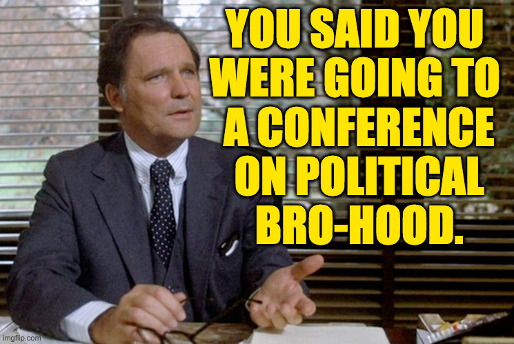 YOU SAID YOU 
WERE GOING TO 
A CONFERENCE
ON POLITICAL
BRO-HOOD. | made w/ Imgflip meme maker