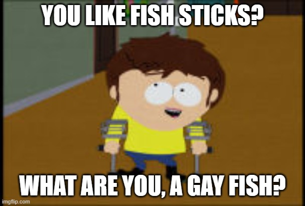 South Park Jimmy | YOU LIKE FISH STICKS? WHAT ARE YOU, A GAY FISH? | image tagged in south park jimmy | made w/ Imgflip meme maker