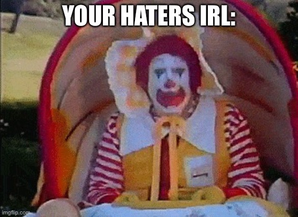 Ronald McDonald in a stroller | YOUR HATERS IRL: | image tagged in ronald mcdonald in a stroller | made w/ Imgflip meme maker