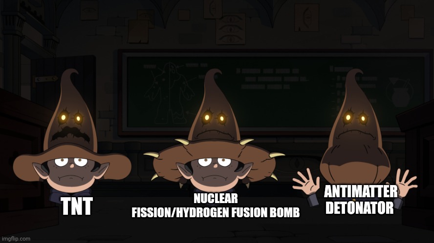 Antimatter is fun | NUCLEAR FISSION/HYDROGEN FUSION BOMB; ANTIMATTER DETONATOR; TNT | image tagged in evil magic hat | made w/ Imgflip meme maker