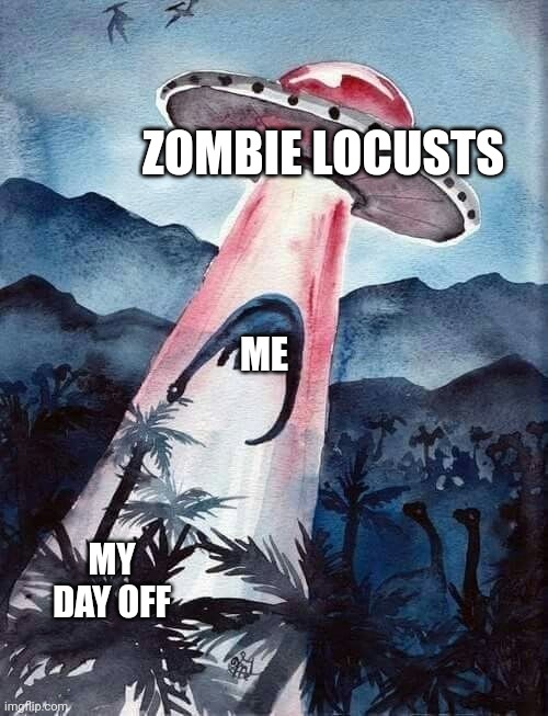 Zombie locusts have just ruined my day off!!!! | ZOMBIE LOCUSTS; ME; MY DAY OFF | image tagged in aliens abducting a dinosaur | made w/ Imgflip meme maker