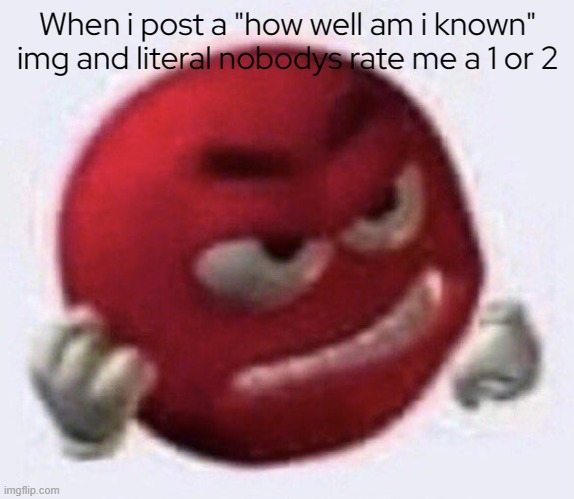 Angry Joobalatt | When i post a "how well am i known" img and literal nobodys rate me a 1 or 2 | image tagged in red m m angry | made w/ Imgflip meme maker