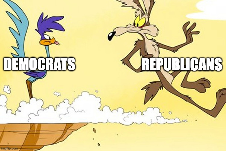 Coyote and Roadrunner Politix | REPUBLICANS; DEMOCRATS | image tagged in wile e coyote,roadrunner,democrats,republicans | made w/ Imgflip meme maker