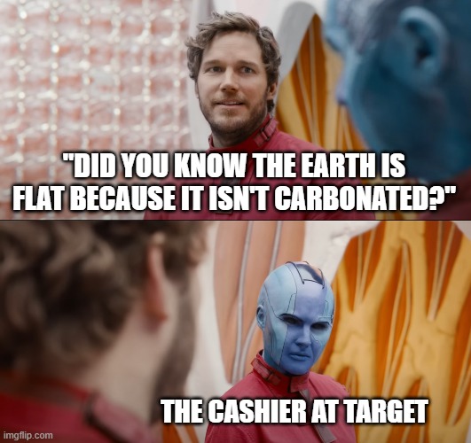 My kid when I take them shopping. | "DID YOU KNOW THE EARTH IS FLAT BECAUSE IT ISN'T CARBONATED?"; THE CASHIER AT TARGET | image tagged in quill and nebula | made w/ Imgflip meme maker