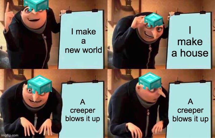 Minecraft be like: | I make a new world; I make a house; A creeper blows it up; A creeper blows it up | image tagged in memes,gru's plan | made w/ Imgflip meme maker