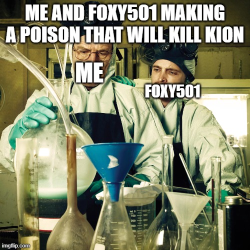 breaking bad cooking in rv | ME AND FOXY501 MAKING A POISON THAT WILL KILL KION; ME; FOXY501 | image tagged in breaking bad cooking in rv | made w/ Imgflip meme maker