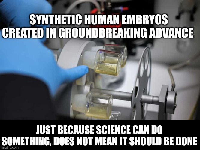 SYNTHETIC HUMAN EMBRYOS CREATED IN GROUNDBREAKING ADVANCE; JUST BECAUSE SCIENCE CAN DO SOMETHING, DOES NOT MEAN IT SHOULD BE DONE | image tagged in science,erhics,playing god | made w/ Imgflip meme maker