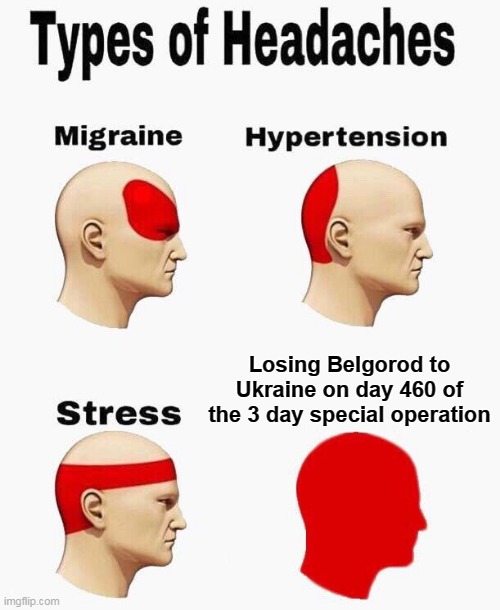 Russian headaches | Losing Belgorod to Ukraine on day 460 of the 3 day special operation | image tagged in headaches,russo-ukrainian war,meanwhile in russia | made w/ Imgflip meme maker